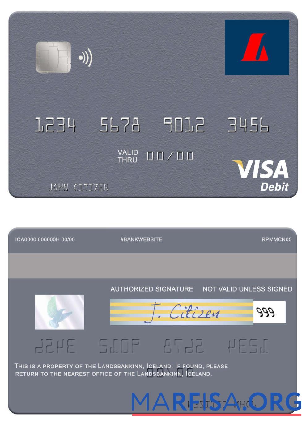 Printable Iceland Landsbankinn visa debit card template
